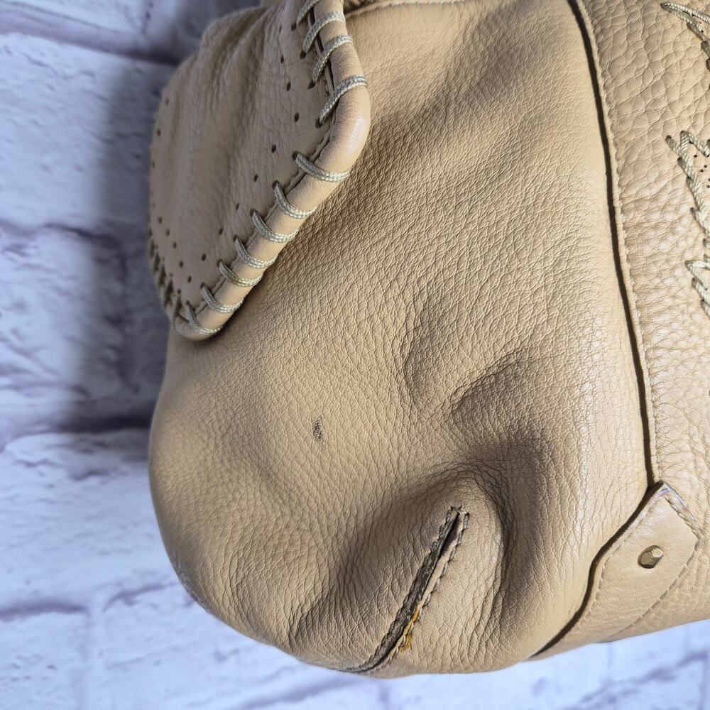 Vintage Cole Haan Tan Pebbled Leather Whipstitch Embroidered Drawstring Hobo Bag - Picture 5 of 12